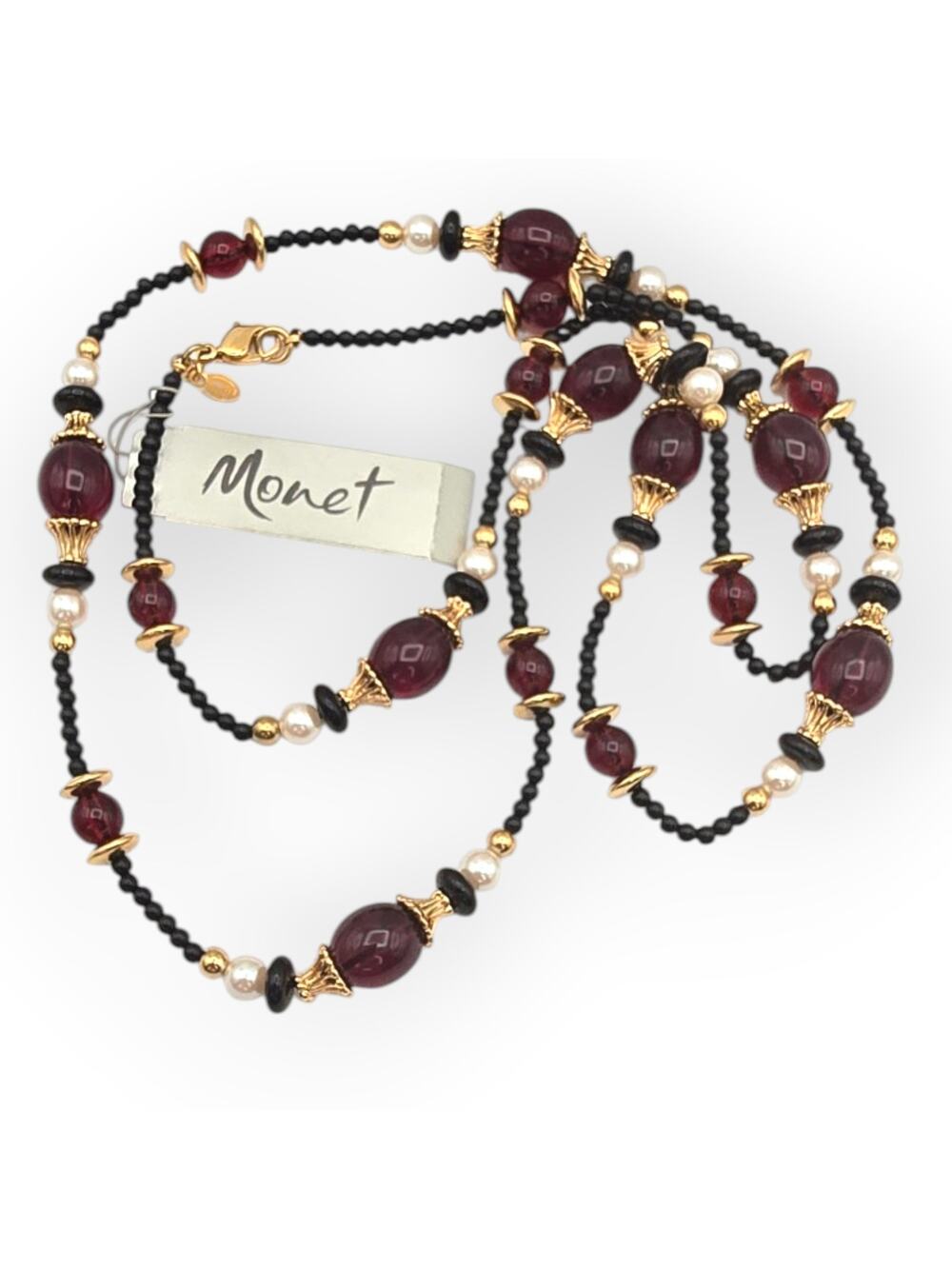 Monet Garnet Red Black Beaded Necklace 24" Faux Pearl Gold - Classic Elegance